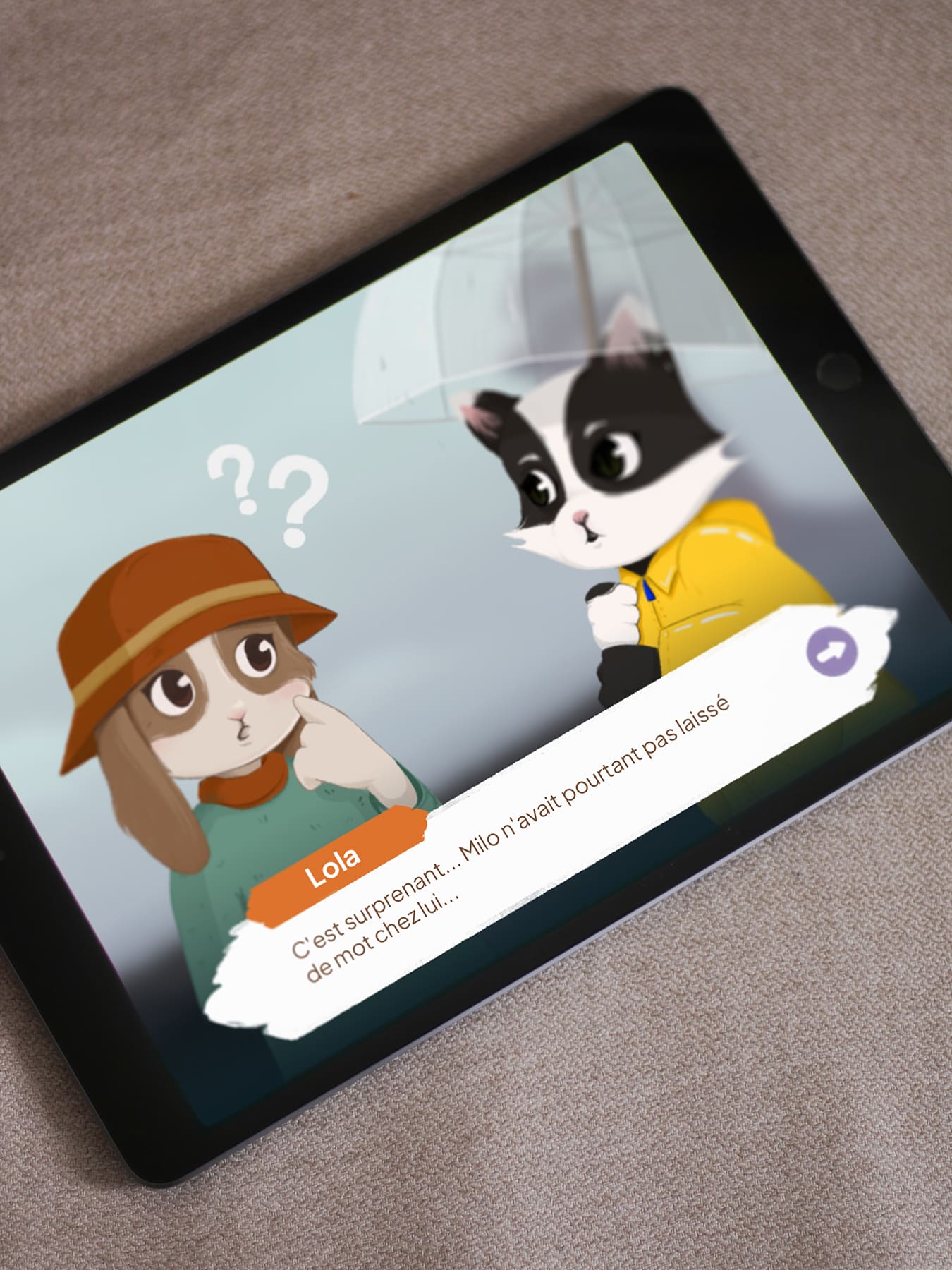 Écran de jeu tablette - dialogue pour un jeu d'enquête